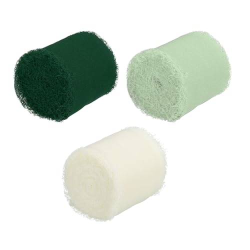 PATIKIL 4cm x 5m Chiffonband Geschenkband, 3 Rollen Fransen Chiffon Schleifenband Hochzeit für Geburtstag Geschenk Blumensträuße Dekoration Dunkel Grün/Creme Weiß/Hell Grün von PATIKIL