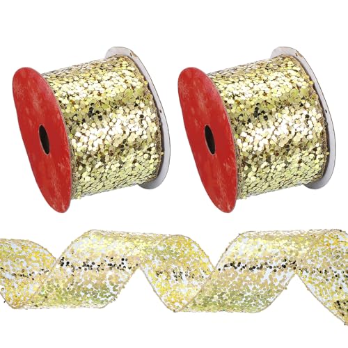 PATIKIL 6,3 cm Glitzer-Mesh-Drahtband, 2 Stück, 9,1 m gewebtes Pailletten-Diamant-Mesh-Drahtband für Kränze, Girlande, große Schleifen, Hochzeitsdekoration, Geschenke, Basteln, Gold von PATIKIL