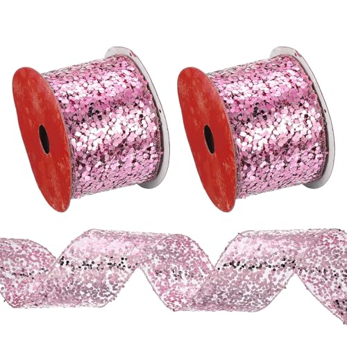 PATIKIL 6,3 cm Glitzer-Mesh-Drahtband, 2 Stück, 9,1 m gewebtes Pailletten-Diamant-Mesh-Drahtband für Kränze, Girlande, große Schleifen, Hochzeitsdekoration, Geschenke, Basteln, Rosa von PATIKIL