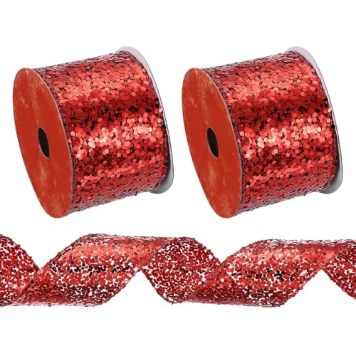 PATIKIL 6,3 cm Glitzer-Mesh-Drahtband, 2 Stück, 9,1 m gewebtes Pailletten-Diamant-Mesh-Drahtband für Kränze, Girlande, große Schleifen, Hochzeitsdekoration, Geschenke, Basteln, Rot von PATIKIL