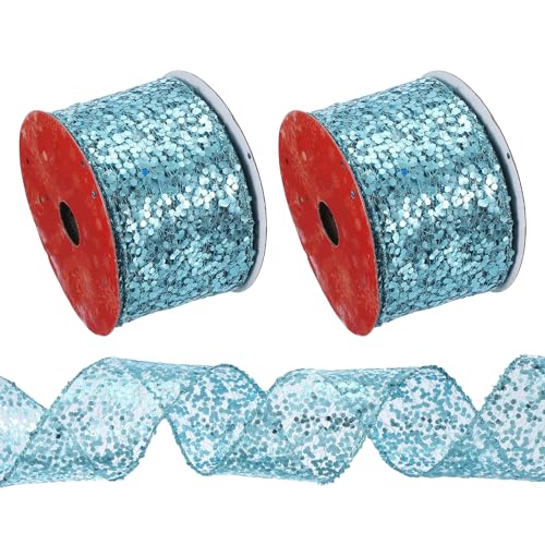 PATIKIL 2,5 Zoll Glitzer-Mesh-Drahtband, 2 Stück 10 Yard Netz-Pailletten-Diamant-Mesh-Drahtband für Herstellung Hochzeit Dekor Geschenke Handwerk, Himmelblau von PATIKIL