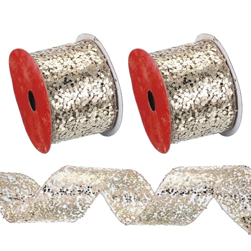 PATIKIL 6,3 cm Glitzer-Mesh-Drahtband, 2 Stück, 9,1 m gewebtes Pailletten-Diamant-Mesh-Drahtband für Kränze, Girlande, große Schleifen, Hochzeitsdekoration, Geschenke, Handwerk, Roségold von PATIKIL