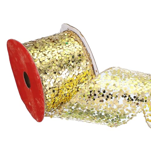 PATIKIL 6,3 cm Glitzer-Mesh-Drahtband, 9,1 m gewebtes Pailletten-Diamant-Mesh-Drahtband für Kränze, Girlande, große Schleifen, Hochzeitsdekoration, Geschenke, Basteln, Gold von PATIKIL