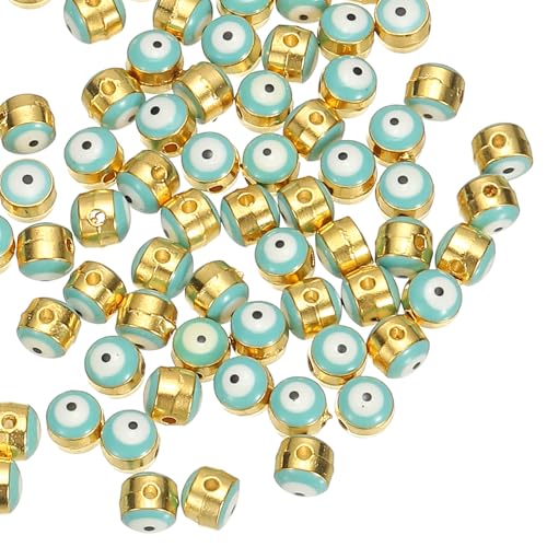 PATIKIL 6mm Emaille Böse Augen Perlen, 100 Stück Türkische Böse Augen Perlen Gold plattierte Böse Augen Anhänger Großhandel Legierung Spacer Runde Perle, Seeblau von PATIKIL