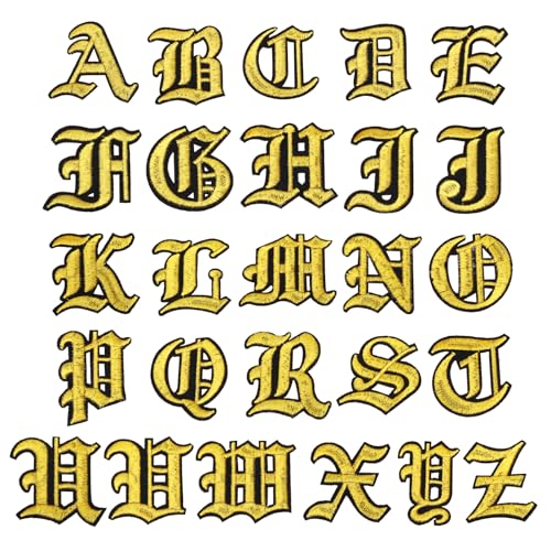 PATIKIL Altes Englisch Buchstaben Bestickt Patch Applikation, 26 Stk. Vintage Alphabet Aufnäher zum Aufbügeln oder Aufnähen a bis z zur Reparatur von Kleidung, 2"Lx2"W, Goldfarben von PATIKIL