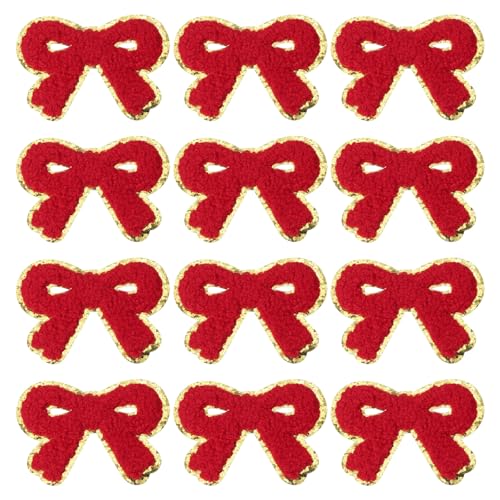 PATIKIL Bogen-Patches, 12 Stück Chenille-Aufnäher Bogen bestickt Aufnäher zum Aufbügeln Goldkanten für DIY Hut Jacke Kleidung Taschen DIY Dekoration, Rot, 2,8" x 2" von PATIKIL