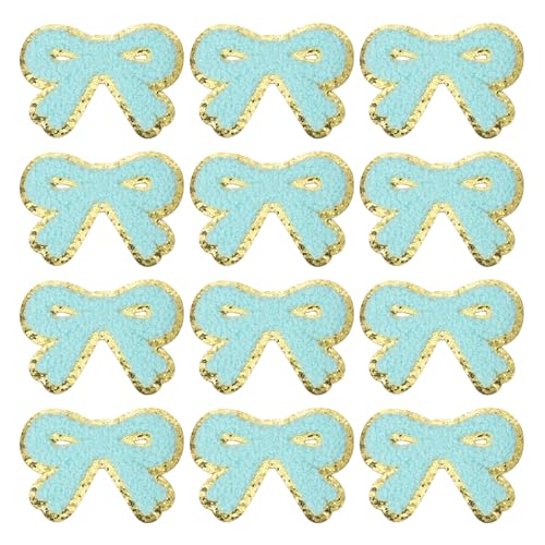 PATIKIL Bow Patches, 12 Stk. Chenille Bügel-Patch Bogen bestickter Patch Aufnäher Goldkanten für DIY Hut Jacke Kleidung Taschen DIY Dekoration, Himmelblau, 7,2 cm x 5 cm von PATIKIL