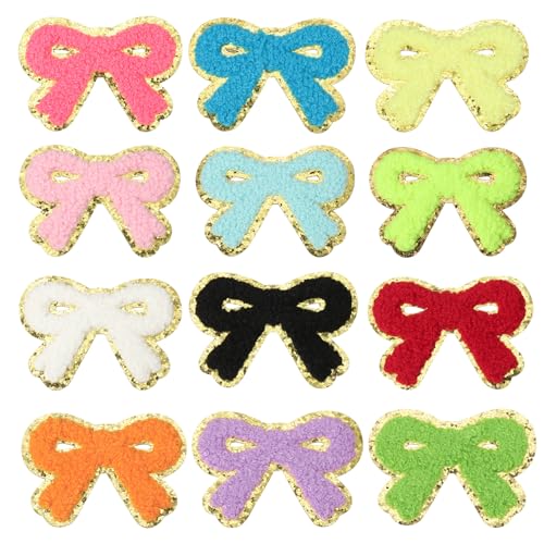 PATIKIL Bow Patches, 12 Stk. Chenille Bügel-Patch Bogen bestickter Patch Aufnäher Goldkanten für DIY Hut Jacke Kleidung Taschen DIY Dekoration, Mehrfarbig, 7,2 cm x 5 cm von PATIKIL