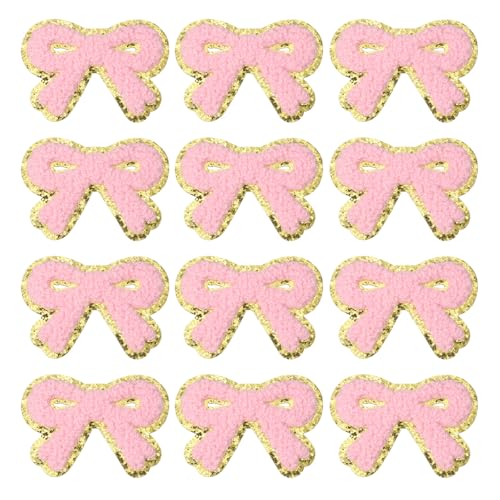 PATIKIL Bow Patches, 12 Stk. Chenille Bügel-Patch Bogen bestickter Patch Aufnäher Goldkanten für DIY Hut Jacke Kleidung Taschen DIY Dekoration, Pink, 2,8" x 2" von PATIKIL