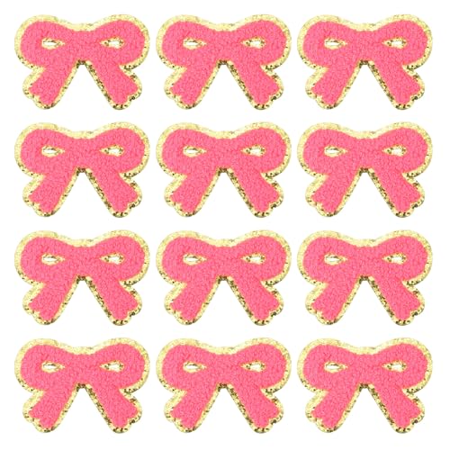 PATIKIL Bow Patches, 12 Stk. Chenille Bügel-Patch Bogen bestickter Patch Aufnäher Goldkanten für DIY Hut Jacke Kleidung Taschen DIY Dekoration, Rosarot, 7,2 x 5 cm von PATIKIL