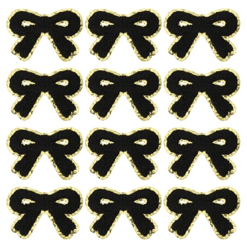 PATIKIL Bow Patches, 12 Stk. Chenille Bügel-Patch Bogen bestickter Patch Aufnäher Goldkanten für DIY Hut Jacke Kleidung Taschen DIY Dekoration, Schwarz, 2,8" x 2" von PATIKIL