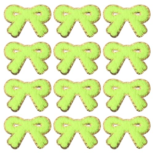 PATIKIL Bow Patches, 12 Stk. Chenille Bügel-Patch Schleife Gestickter Patch Aufnäher Goldkanten für DIY Hut Jacke Kleidung Taschen DIY Dekoration, Zitronengrün, 7,2 x 5 cm von PATIKIL