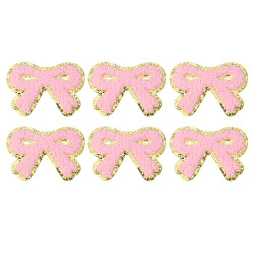 PATIKIL Bow Patches, 6 Stk. Chenille Bügel-Patch Bogen bestickt Aufnäher zum Aufbügeln Goldkanten für DIY Hut Jacke Kleidung Taschen DIY Dekoration, Pink, 2,8" x 2" von PATIKIL