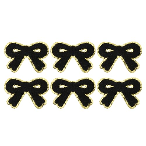 PATIKIL Bow Patches, 6 Stk. Chenille Bügel-Patch Bogen bestickter Patch Aufnäher Goldkanten für DIY Hut Jacke Kleidung Taschen DIY Dekoration, Schwarz, 2,8" x 2" von PATIKIL