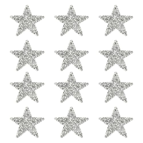 PATIKIL Bügelaufnäher Sterne, 12 Stück Selbstklebende Applikationssterne Strass Glitzer Kristall Aufkleber Patch Stoffverzierungen für DIY Basteln Kleidung, Silber 4cm von PATIKIL