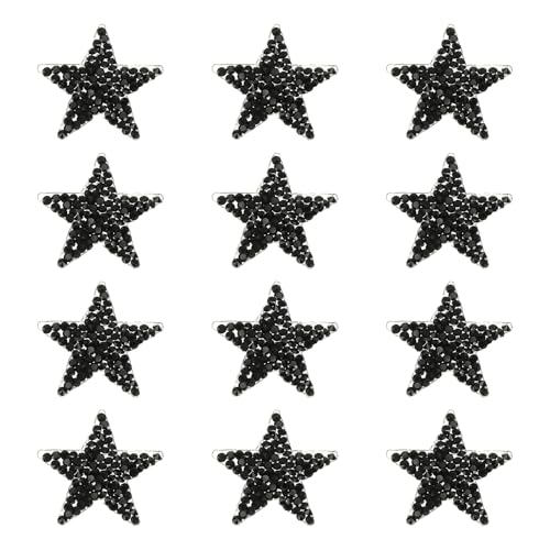 PATIKIL Bügelaufnäher Sterne, 12 Stück Selbstklebende Applikationssterne mit Strass Glitzer Kristall Aufkleber Patch Stoffverzierungen für DIY Basteln Kleidung, Schwarz 4cm von PATIKIL