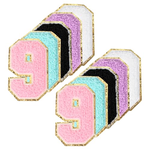 PATIKIL Chenille Nummern-Patches, 10 Stück Bügel-Patch Nummer Bestickter Patch Glitzer Applikation für Hut Jacke Kleidung Taschen DIY Dekoration Rucksack, Nummer 9 von PATIKIL