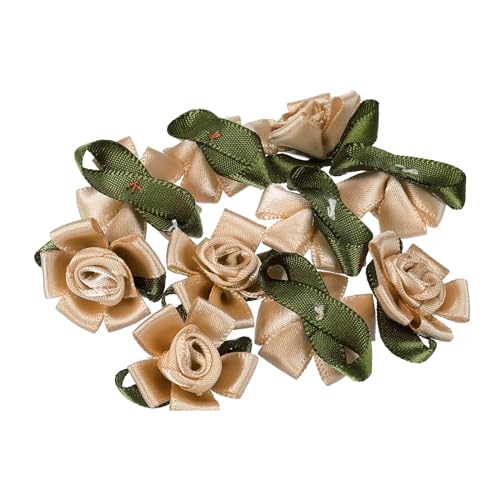 PATIKIL Mini Satinbandrosen, 10 Stück kleine Stoffblumen mit grünen Blättern für Bastelprojekte, Verzierungen, Applikationen, Khaki von PATIKIL