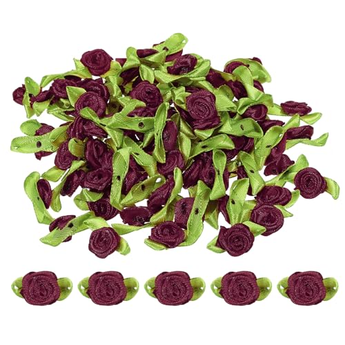 PATIKIL Mini Satinrosen, 100 Stück winzige Stoffblumen mit grünen Blättern, Verzierungen, Rosettenapplikationen für DIY-Basteln, Nähen, Hochzeit, Dunkelrot von PATIKIL