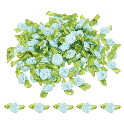 PATIKIL Mini Satinrosen, 100 Stück winzige Stoffblumen mit grünen Blättern, Verzierungen, Rosettenapplikationen für DIY-Basteln, Nähen, Hochzeit, Hellblau von PATIKIL