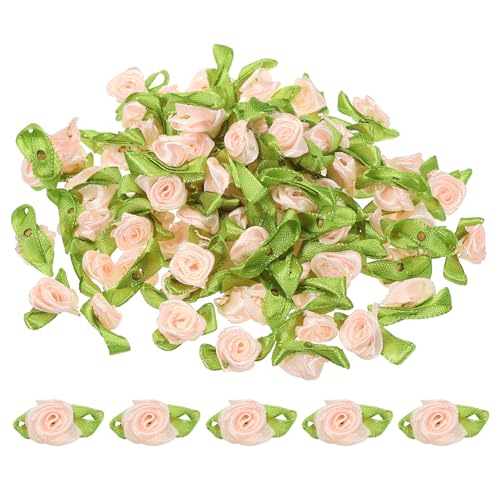 PATIKIL Mini Satinrosen, 100 Stück winzige Stoffblumen mit grünen Blättern, Verzierungen, Rosettenapplikationen für DIY-Basteln, Nähen, Hochzeit, Hellrosa von PATIKIL