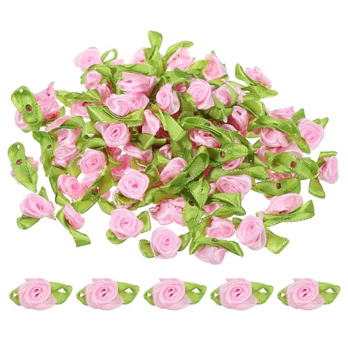 PATIKIL Mini Satinrosen, 100 Stück winzige Stoffblumen mit grünen Blättern, Verzierungen, Rosettenapplikationen für DIY-Basteln, Nähen, Hochzeit, Pink von PATIKIL