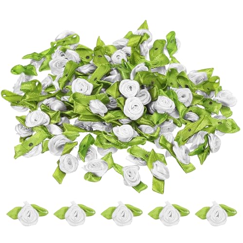 PATIKIL Mini Satinrosen, 100 Stück winzige Stoffblumen mit grünen Blättern, Verzierungen, Rosettenapplikationen für DIY-Basteln, Nähen, Hochzeit, Weiß von PATIKIL