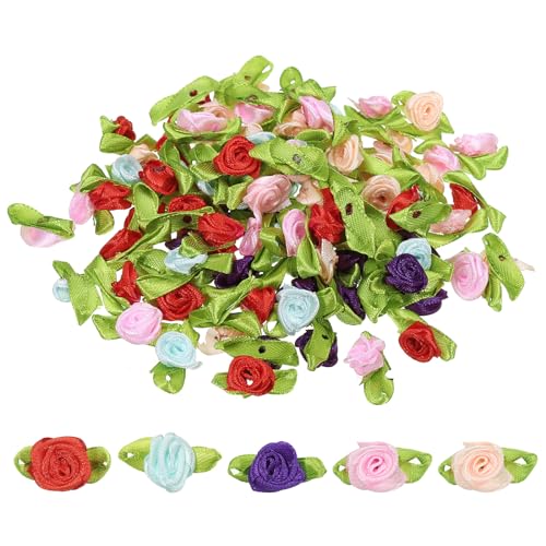 PATIKIL Mini Satinrosen, 100 Stück winzige Stoffblumen mit grünen Blättern, Verzierungen, Rosettenapplikationen für DIY-Basteln, Nähen, Hochzeit, bunt von PATIKIL