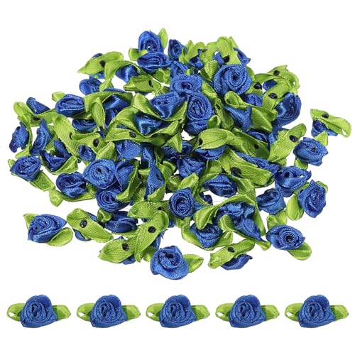 PATIKIL Mini Satinrosen, 200 Stück winzige Satinstoffblumen mit grünen Blättern, Verzierungen, Rosettenapplikationen für DIY-Basteln, Nähen, Hochzeit, Blau von PATIKIL