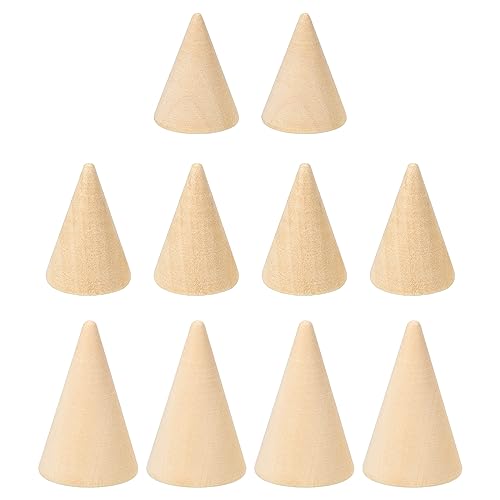 PATIKIL Natural Holz Kegel Ring Halter 10 Packung Finger Schmuck Anzeige Ständer Organizer Unbemalte Holzkegel für Heimwerker Handwerk 3 Größe Braun von PATIKIL