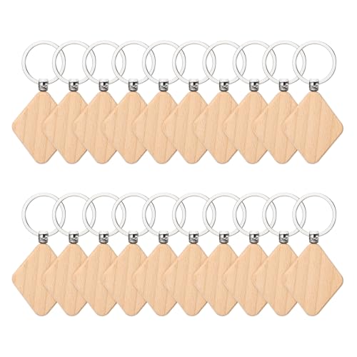 PATIKIL Rhombus Wood Keychain Blank, 20 Stück Unvollendete Holzrohlinge Holz Schlüsselanhänger Großpackung für Haustiermarken DIY Geschenk Handwerk, Holzfarbe von PATIKIL