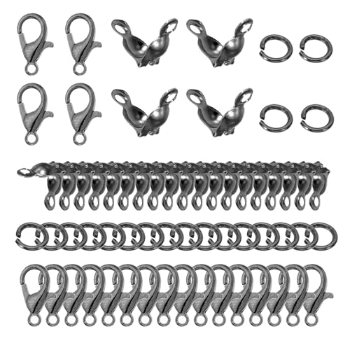 PATIKIL Schmuck Herstellung Zubehör Set 100Stk Karabiner Verschluss 200Stk Perlen Spitzen Knoten Hüllen 500Stk Offen Biege Ring für Schmuck Selbermachen Schwarz von PATIKIL