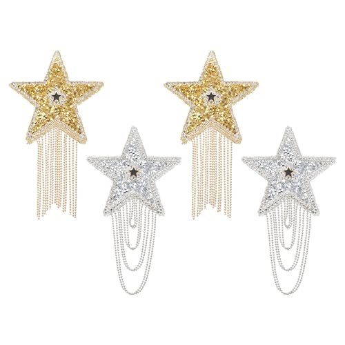 PATIKIL Stern Strass Patches Set, 4 Stück Sternform Bügelaufnäher Strass Applikation Glitzer Kristall Patches mit Bogenquaste und gerader Quaste für Schuhe, Silber/Gold von PATIKIL