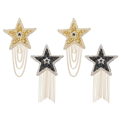 PATIKIL Stern Strass Patches Set, 4 Stück Sternform Bügelaufnäher Strass Applikation Glitzer Kristall Patches mit Bogenquaste/Gerader Quaste für Schuhe, Goldton/Schwarz von PATIKIL