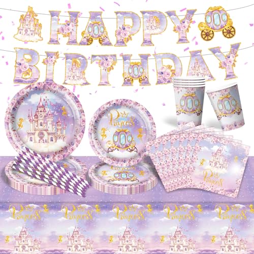 Prinzessin Geburtstag Partygeschirr Set für Mädchen, Lila Geburtstag Prinzessin Schloss Geburtstag Teller und Servietten Tischdecke für Mädchen Märchenprinzessin Schloss Thema Party-Dekorationen von PATYVOR