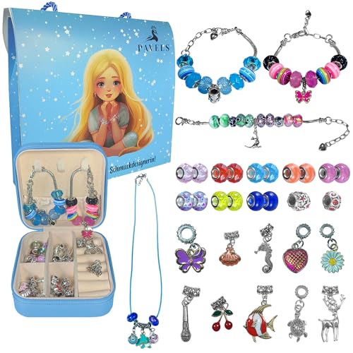 PAVELS 116- tlg. Schmuckset für Mädchen Kinder Bastelset Charms & Anhänger Armbänder Silber Diy selbermachen Geschene für Mädchen 4 5 6 7 8 9 10 Jahre (Blau) von PAVELS