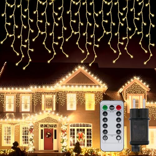 Eisregen Lichterkette Außen 10M 400 LED Weihnachtsbeleuchtung Inner mit Fernbedienung, Timer, Wasserdicht IP44, 8 Modi Beleuchtung Girlande für Außen und Inner-Warmweiß von PAVIBOIN