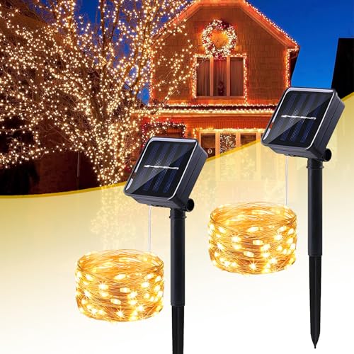 Solar Lichterkette Aussen, 2x10M 100 LED Solar Lichterkette Außen Wetterfest, 8 Modi, Kupferdraht Lichterkette Außen für Gartendeko, Terrasse, Warmweiß von PAVIBOIN