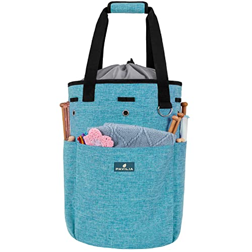 PAVILIA Stricktasche Garnaufbewahrungstasche – Häkel-Organizer-Tasche, Garn-Aufbewahrungshalter für Strickzubehör, Garn-Skiens, Nadeln, Haken, unfertiges Projekt, mit Ösen (Türkisblau) von PAVILIA