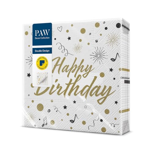 PAW - Doppelseitige Servietten 3-lagig (33 x 33 cm) I 20 Stück I Perfekt für Geburtstage, Partys Kinderpartys Feiern I Tischdeko Papierserviette Beidseitig Bedruckt - Happy Birthday I Party Invitation von PAW