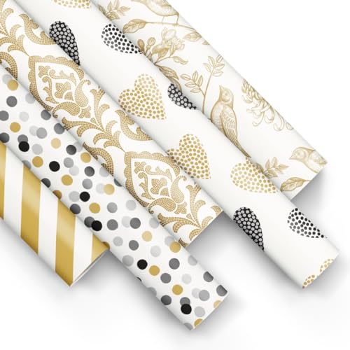 PAW - Geschenkpapier 200x70cm - 5 Rollen | Mix aus 5 Motiven | Elegante Papierrolle für Geburtstage, Hochzeiten, Babypartys, Partys und Geschenke - Schwarz-goldene Muster von PAW Decor Collection