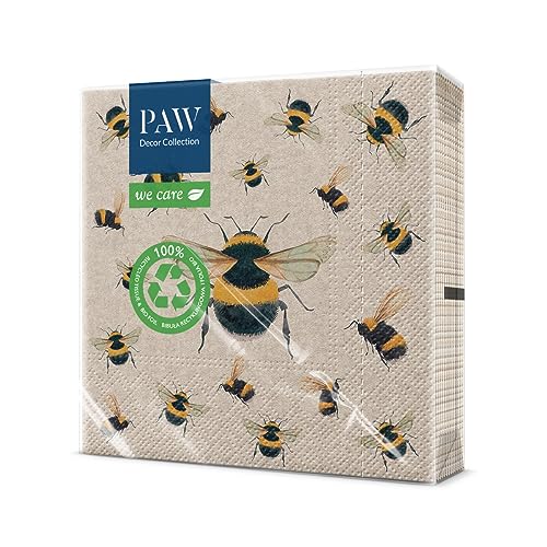 PAW - Servietten 3-lagig (33 x 33 cm) I 20 Stück I Perfekt für Geburtstage, Partys, Kommunion und Feiern I Papierservietten mit Natur Motiv I Umweltschutz, Bienen I Dancing Bees von PAW