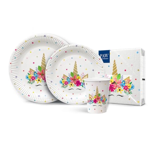 PAW - Partygeschirr Set I 16 Personen, 68 Elemente I Party Geschirrset - 20 x Papierservietten, 32 x Pappteller, 16 x Pappbecher I Einweggeschirr Set - Einhorn, Party, Bunt, Sterne (Unicorn Party) von PAW Decor Collection