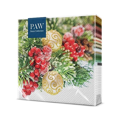 PAW - Servietten 3-lagig (33 x 33 cm) I 20 Stück I Papierservietten Bunt Perfekt für den Weihnachtstisch I Servietten - Weihnachten, Winter, Weihnachtsbomben I Spruce Composition von PAW Decor Collection