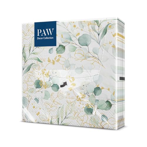 PAW - Servietten 3-lagig (33 x 33 cm) I 20 Stück I Perfekt für Geburtstage, Partys, Hochzeiten, Kommunion und Feiern I Tischdeko Elegante Papierservietten - Goldener Eucalyptus I Golden Eucaliptus von PAW