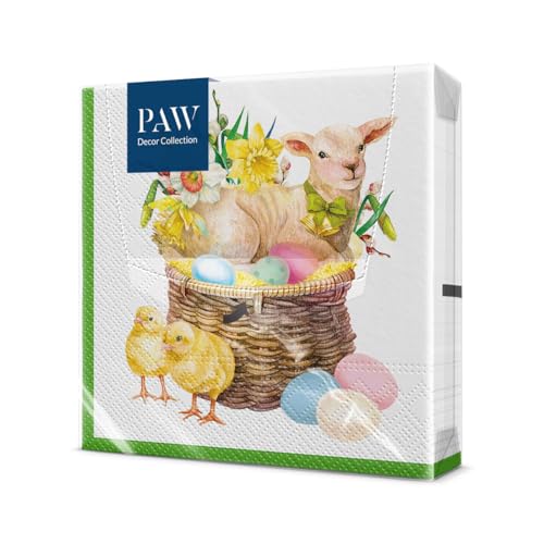 PAW - Servietten 3-lagig (33 x 33 cm) I 20 Stück I Perfekt für Ostern, Partys, Frühling und Feiern I Tischdeko Osterfeier Bunte Papierservietten - Lammkorb Küken Ostereier I Lamb Basket von PAW Decor Collection