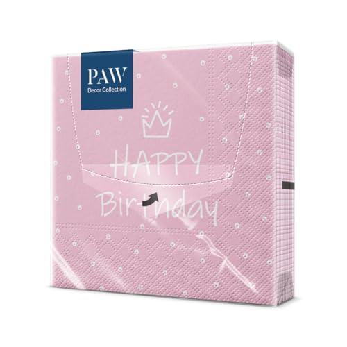 PAW - Servietten 3-lagig (33 x 33 cm) I 20 Stück I Perfekt für Partys, Geburtstage, Feiern I Geburtstag Tischdeko - Bunte Papierservietten mit Motiv - Pink Happy Birthday I Special Day light pink von PAW