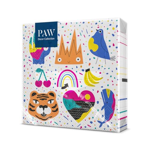 PAW - Servietten 3-lagig (33 x 33 cm) I 20 Stück I Perfekt für Partys, Geburtstage, Feiern I Kinderparty Tischdeko - Bunte Papierservietten mit Motiv - Kritzelfreunde I Doodle Friends von PAW