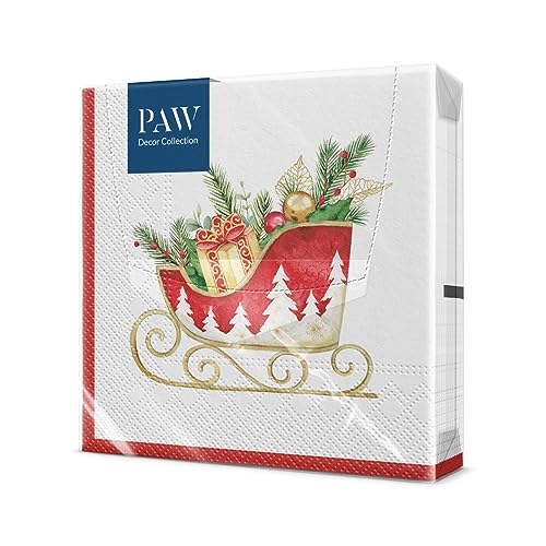 PAW - Servietten 3-lagig (33 x 33 cm) I 20 Stück I Perfekt für Weihnachten, Winter, Feiertage I Heiligabend Winterzeit Tischdekoration I Winter Papierservietten - Feiertagsschlitten I Holiday Sleigh von PAW