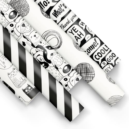 PAW - Geschenkpapier 200x70cm - 50 Rollen | Mix aus 5 Motiven | Elegante Papierrolle für Geburtstage, Hochzeiten, Babypartys, Partys und Geschenke - Schwarz und weiß von PAW